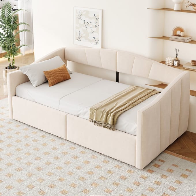 MODFU Ledikant 90x200 cm – fluweel beige – met hydraulische opbergruimte en lattenbodem – sofa-bed design