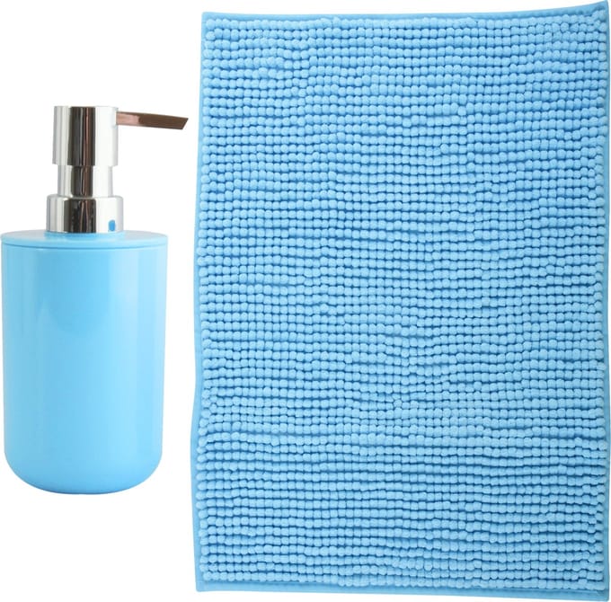 MSV badkamer droogloop mat - Milano - 40 x 60 cm - met bijpassende kleur zeeppompje - lichtblauw