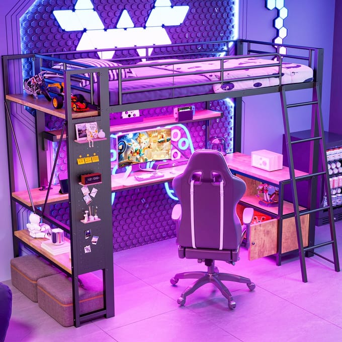 MODFU Hoogslaper 90x200 cm – Met bureau, LED, USB & pegboard – Zwart – Metaal/MDF – Tienerkamer – Gaming & studeren
