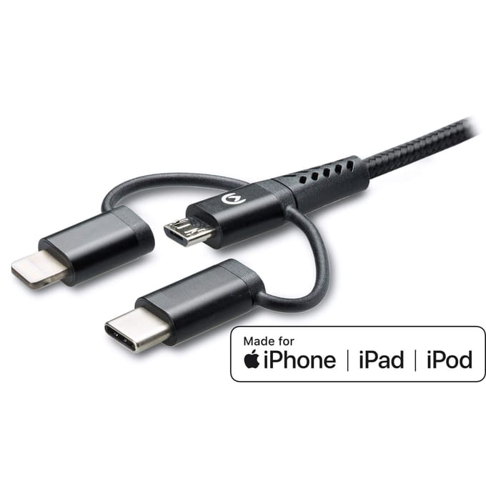 Mobilize Nylon Kabel 3in1 USB-A naar Micro USB, USB-C, Apple MFI Lightning 1.5 meter Zwart