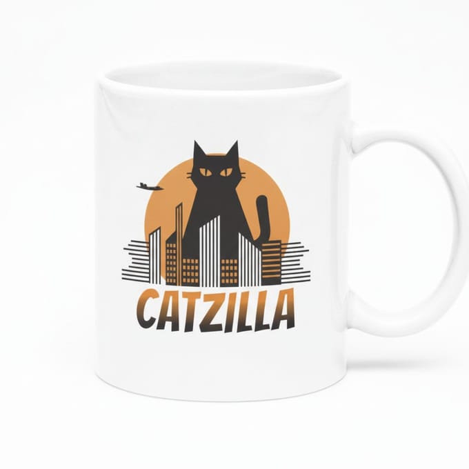 Catzilla Witte Mok 330ml – Grappig Cadeau voor Kattenliefhebbers met Reuzenkat Stadontwerp