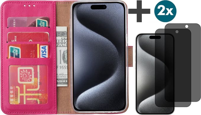 Hoesje met Privacy Screenprotectors 2 Stuks Geschikt voor iPhone 15 Pro Max – Arara bookcase met pasjeshouder - Roze