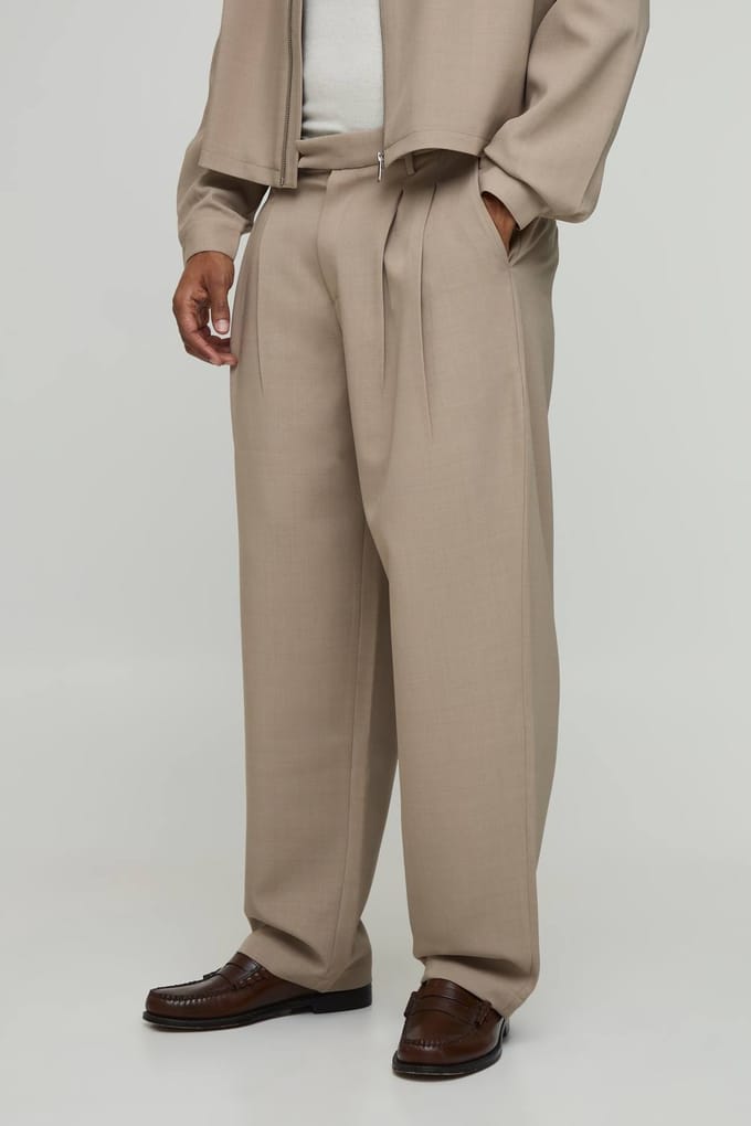 Double Pleat Relaxed Fit Co-Ord Tailored Trousers | Taupe | Size 44