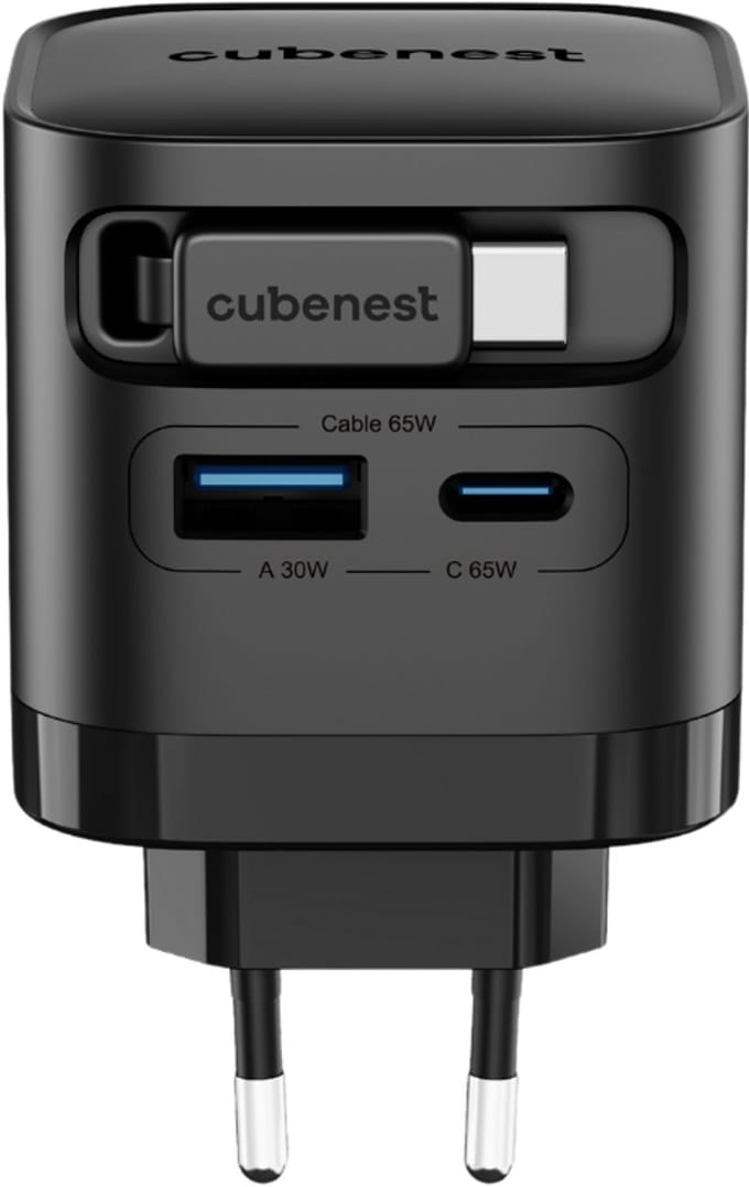 Cubenest S3D2 - PD GaN-adapter 65 W - Geïntegreerde USB-kabel 70 cm - 2x USB-C - 1x USB-A