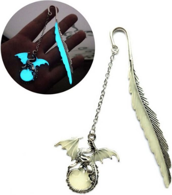 Boekenlegger - Draak en veer - Glow in the Dark - Zilver