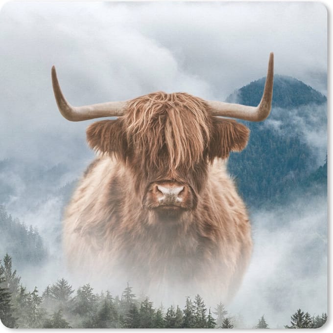 Muismat 20x20 cm - Mousepad Schotse hooglander - Mist - Berg - Muismatten