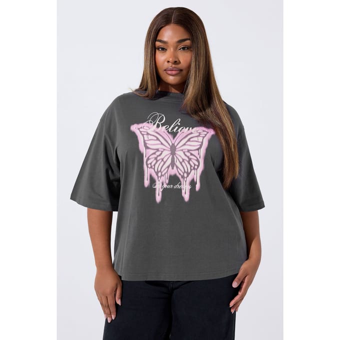 Limited Collection Grijs ‘Believe’ Vlinder Graphic Oversized Tshirt Size 48