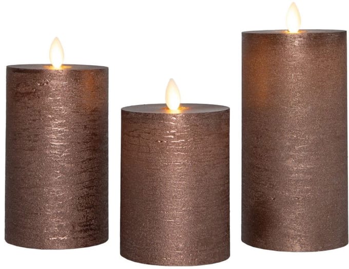 Anna's Collection LED kaars oplaadbaar flame effect rustiek set 7.5 cm brons 3 stuks
