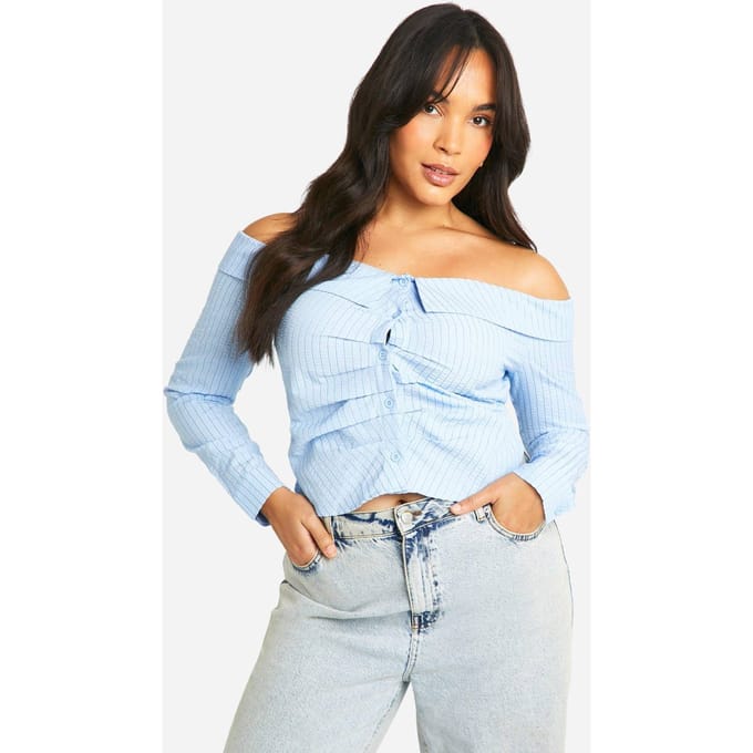 boohoo Dames Plus Bardot gestreept shirt | Lichtblauw | Maat: 56