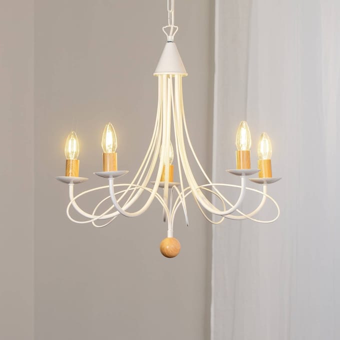ONLI Kroonluchter Milvia, 5-lamps, wit/houtkleur, metaal