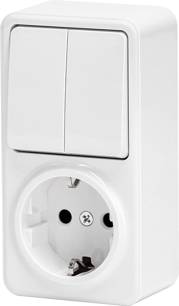 Wandcontactdoos - Opbouw - 1-voudig Stopcontact - 2-voudig Wisselschakelaar - Randaarde - Wit