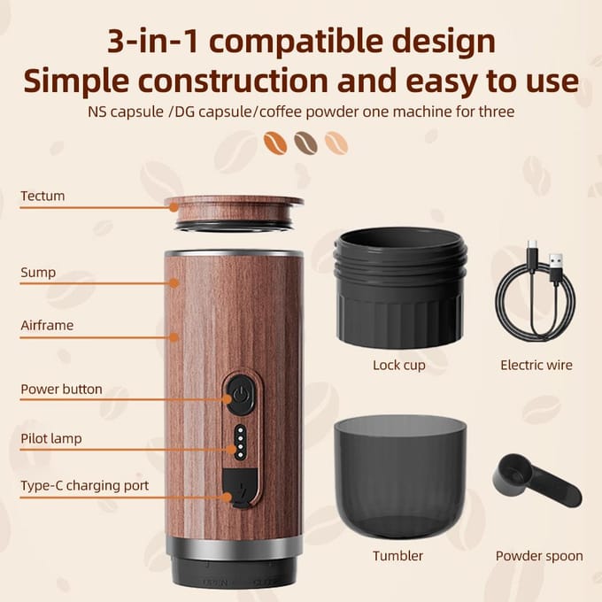 Machine à café expresso électrique portable sans fil chauffante 3 oz Mini cafetière à portion individuelle avec noir