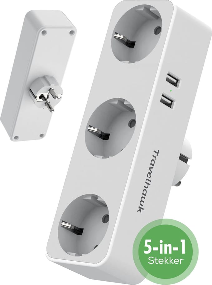 Travelhawk Verdeelstekker 3 Voudig - Stopcontact Splitter - 2 USB Poorten - Wit