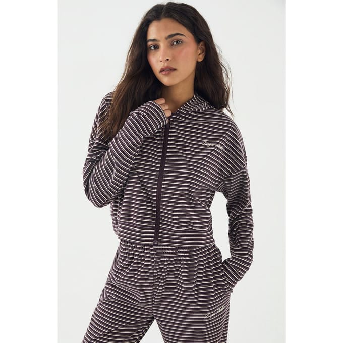 Dames DSGN Studio Zachte Streep Boxy Crop Rits Hoodie | Plum | Maat: 2XL