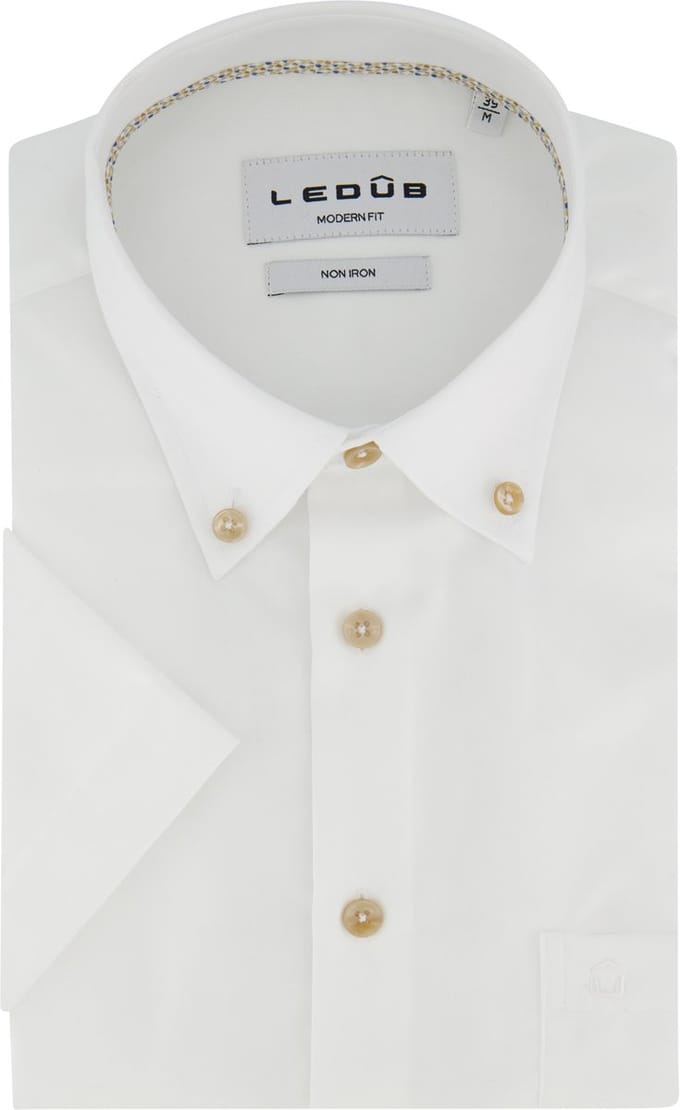 Witte korte mouw katoenen Ledub Modern Fit overhemd strijkvrij