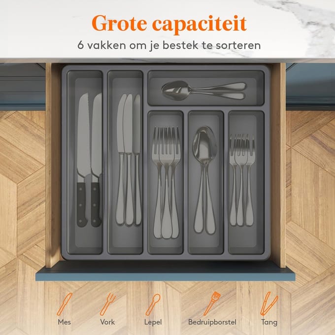 Store_9 - Besteklade - Bestekopbergdoos - Compact en functioneel - Grijs - Bestekorganizer - Geschikt voor keukenla - 6 compartimenten