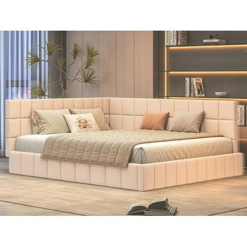 ModernLuxe Volwassen bed 160x200cm in fluweel met omheining en lattenbodem - Beige
