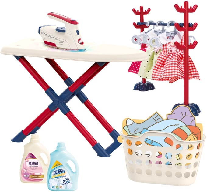 WOOPIE XXL Strijkplank met Strijkijzer, Hanger, Wasmand en Kleding 14 stuks