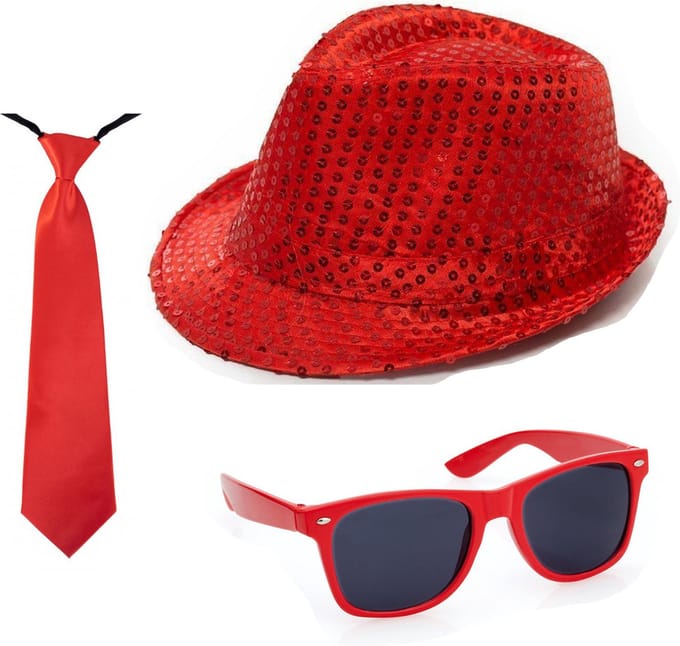 Folat - Verkleedkleding set glitter hoed/stropdas/party bril rood