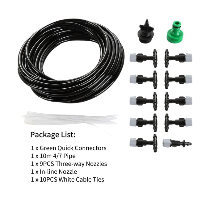 10M/32.8FT DIY Misting Irrigatie Kit met Slangmondstukken Snelkoppelingen Zelfbewaterend Systeem zwart