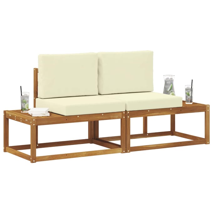 vidaXL - Buiten - eindsofa - 2 - Stuk - Natuurlijk - en - Crème - Massief - Acacia - Hout