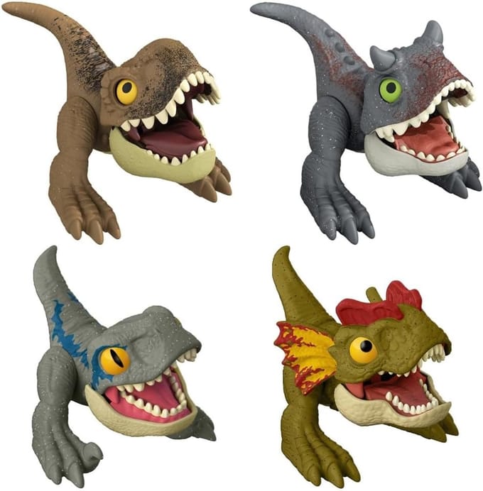 Set met 4 x Jurassic World Uncaged Wild Pop Ups - T-Rex - Velociraptor Blue - Carnotaurus - Dilophosaurus - Mattel