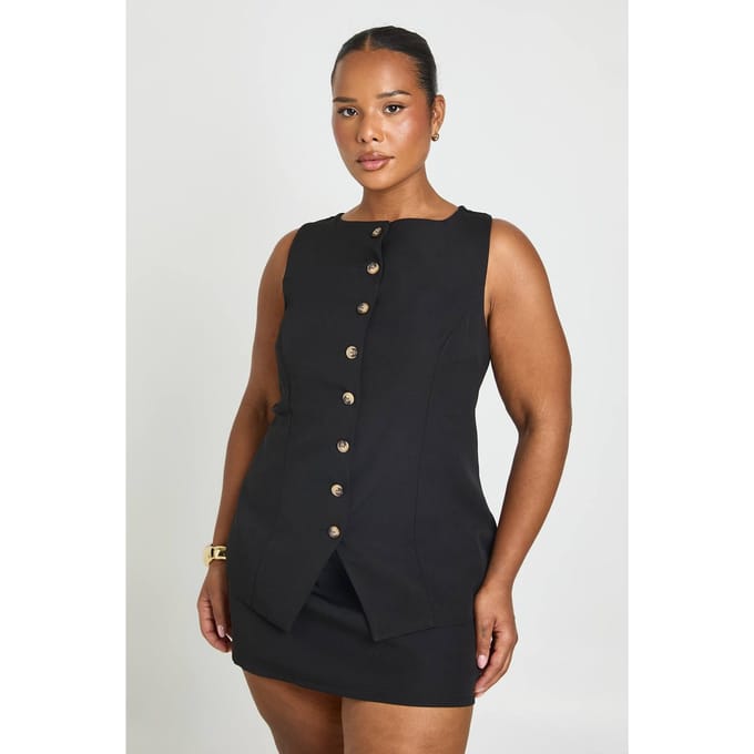 boohoo Dames Gilet Met Knoopsluiting En Mini-rokbroek | Black | Maat: 26