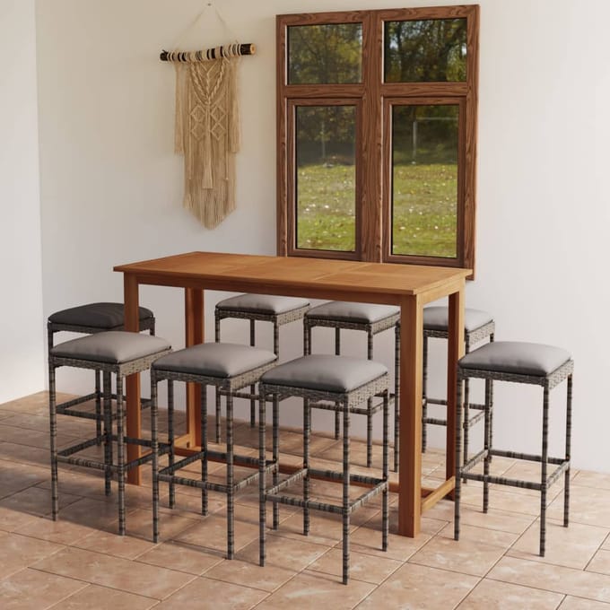 vidaXL - 9-delige - Tuinbarset - met - kussens - grijs