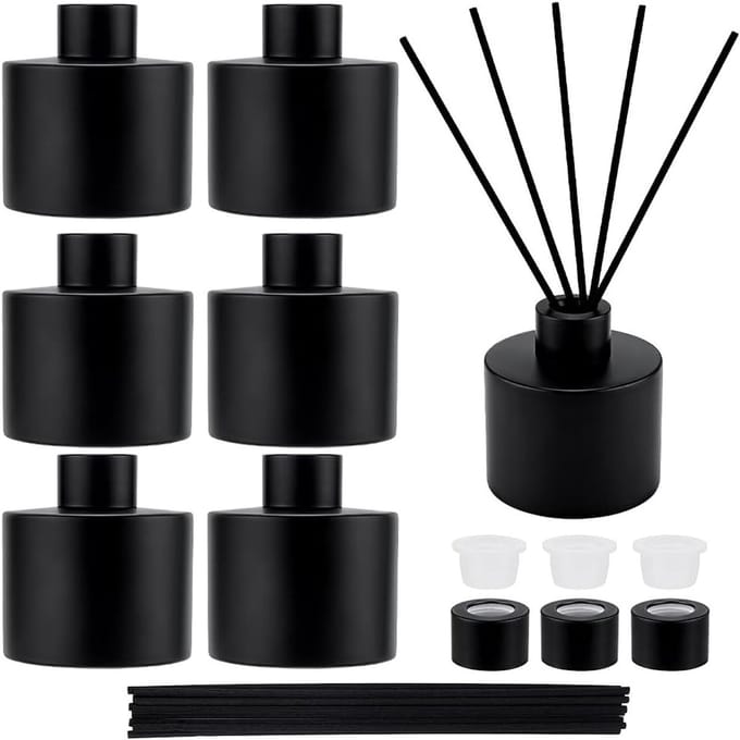 Dailygoods - Set van 6 Matzwarte Glazen Diffusorflessen voor Etherische Oliën