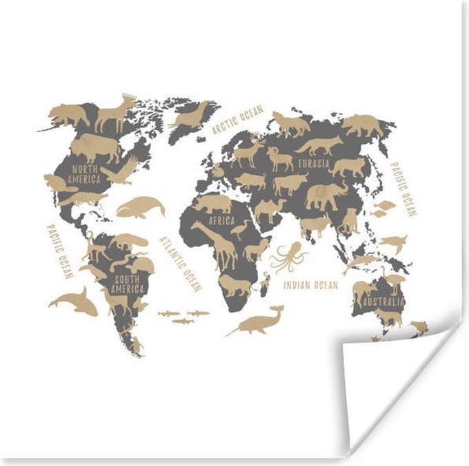 Wereldkaart Kinderen - Bruin - Dieren - 30x30 cm - Poster