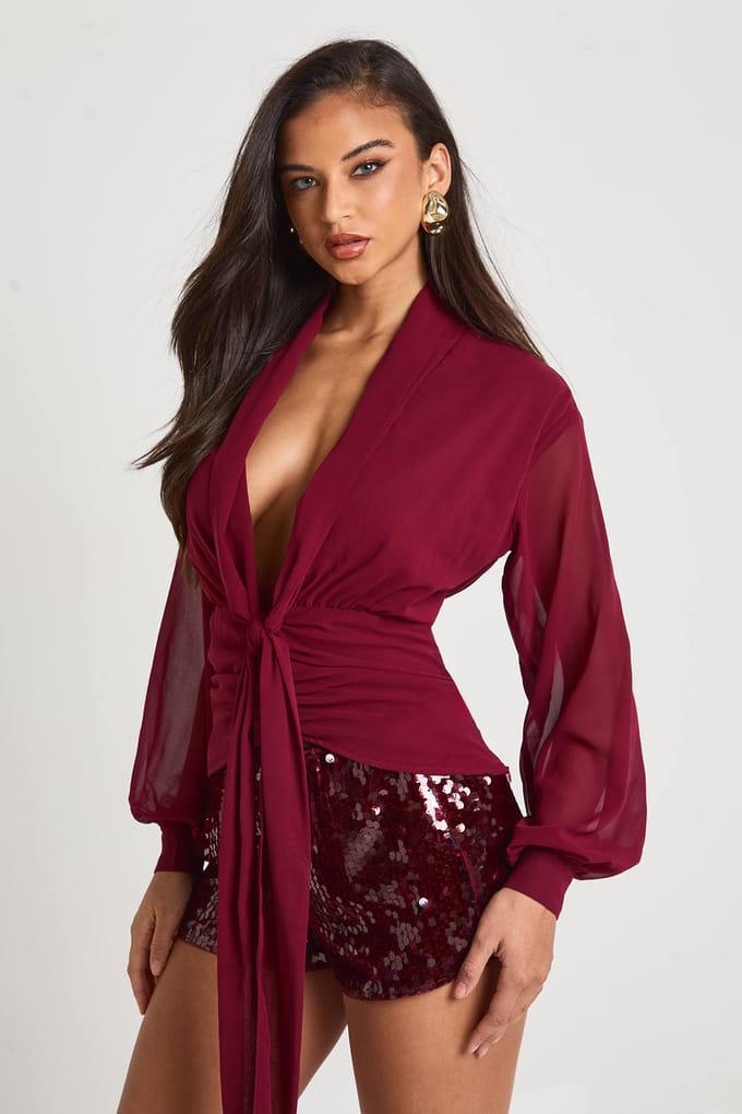 boohoo Dames Chiffon blouse met draperie | Wine | Maat: 8