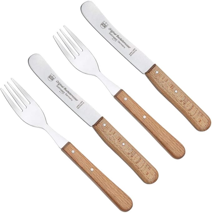 RÖR Solingen Ontbijtmes Buckels – Lemmet 11,5 cm – Set met Vork – Beukenhout – 4 delig set