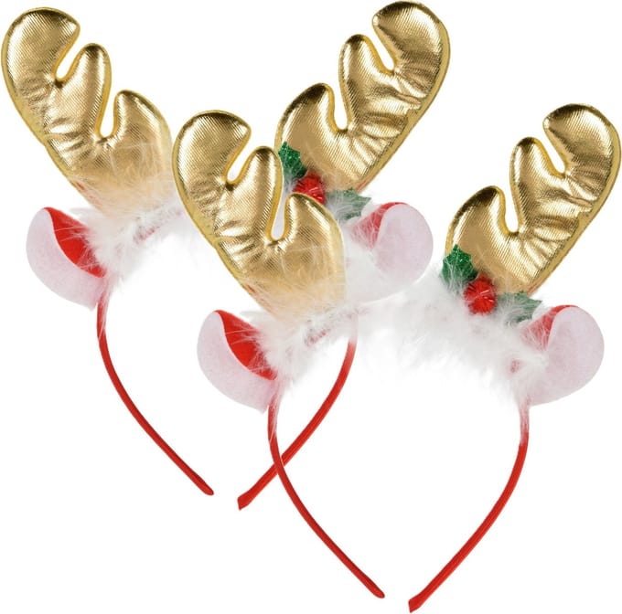 Home & styling Kerst diadeems/haarbanden - 2x - rendier gewei met oren - goud - polyester