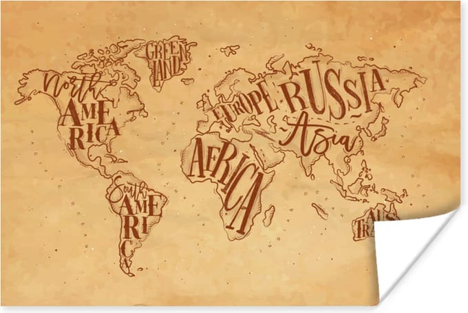 Wanddecoratie - Wereldkaart - Retro - Bruin - 90x60 cm - Poster