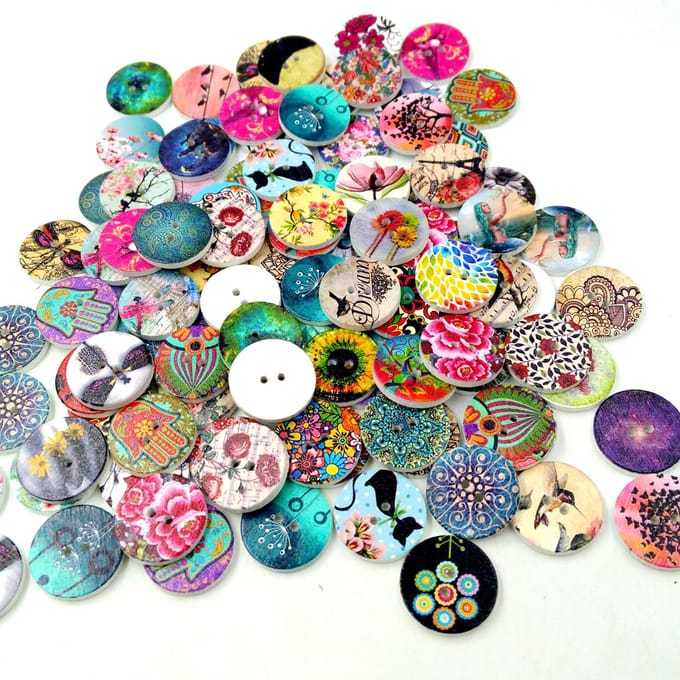 Boutons de couture peints en bois mélangé, 2 trous, artisanat, bricolage, Scrapbooking, 100 pièces