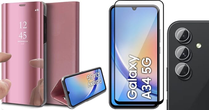 Hoesje geschikt voor Samsung Galaxy A34 - Screenprotector FullGuard & Camera Lens Screen Protector - Book Case Spiegel Roségoud