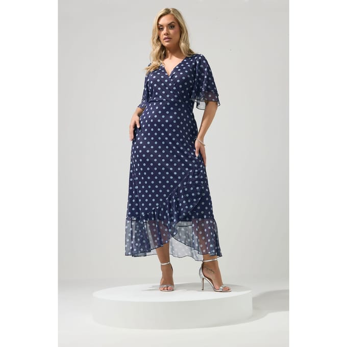 Yours London Marineblauwe Wikkeljurk Met Stippen Size 52