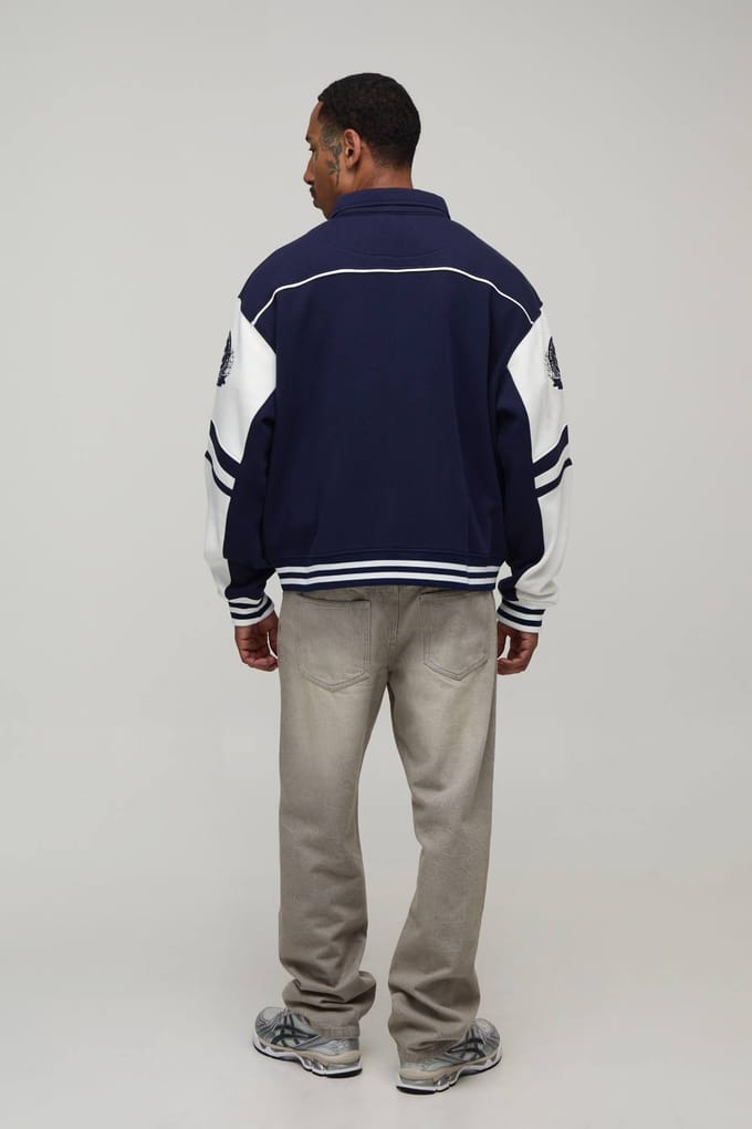 Boxy Fit Varsity Jack Met Kraag En Colour Block Design | Navy | Size Medium