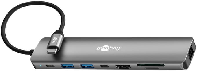 Goobay 4K 60 Hz en 1 Gbit/s RJ45, slanke 8-poorts USB-C hub met HDMI, USB-A tot 5 Gbit/s, PD 100 W en SD/microSD-lezer