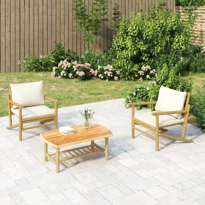 vidaXL - Tuinstoelen - 2 - st - met - crèmewitte - kussens - bamboe