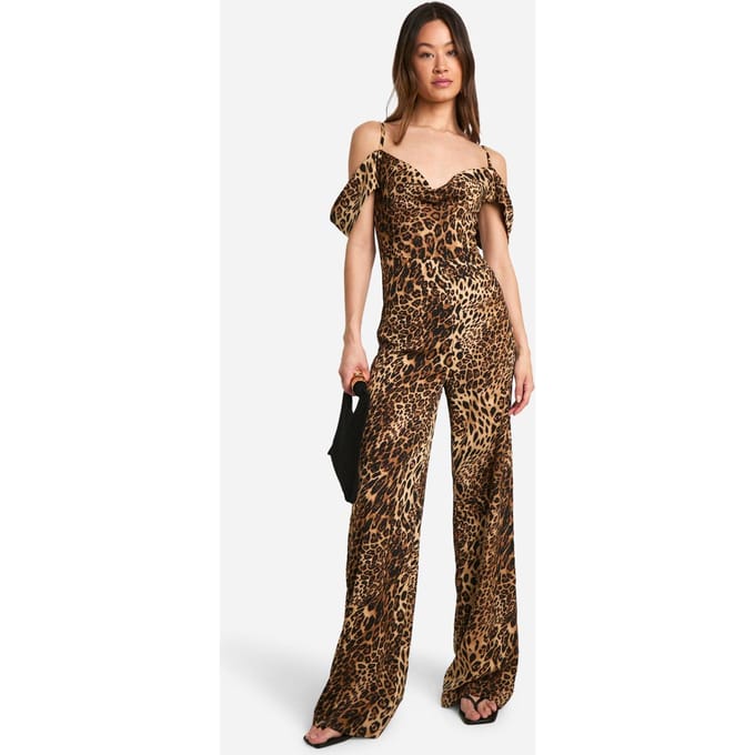 boohoo Dames Tall Leopard Cowl Front Wide Leg Jumpsuit | Natural | Maat: 36