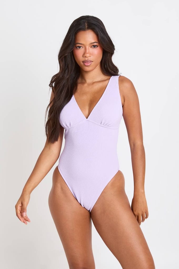 boohoo Dames Gestructureerd Badpak Met Diepe V-hals | Lilac | Maat: 8