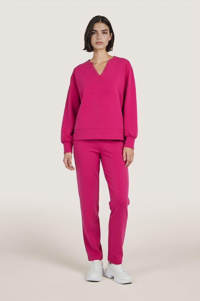 EsQualo Sweater “v” Studs Modal Cerise Pink Größe: S | Pullover Outlet | Damen | Rosa