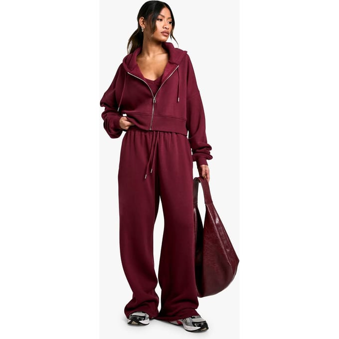 boohoo Dames Geribde V-Hals Top 3-delig Trainingspak met Capuchon | Bordeaux Rood | Maat: Medium
