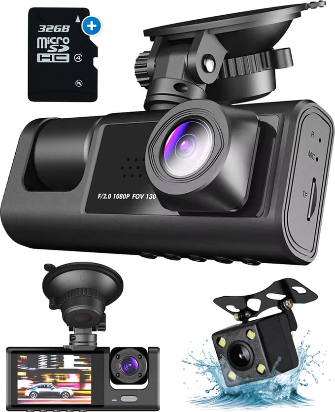 Fleau Tech Dashcam Voor Auto 3 in 1 - 2025 Model - Voor en Achter Camera - G-Sensor - Full HD - 170° Groothoeklens - Loop Recording - Micro SD-kaart 32 GB