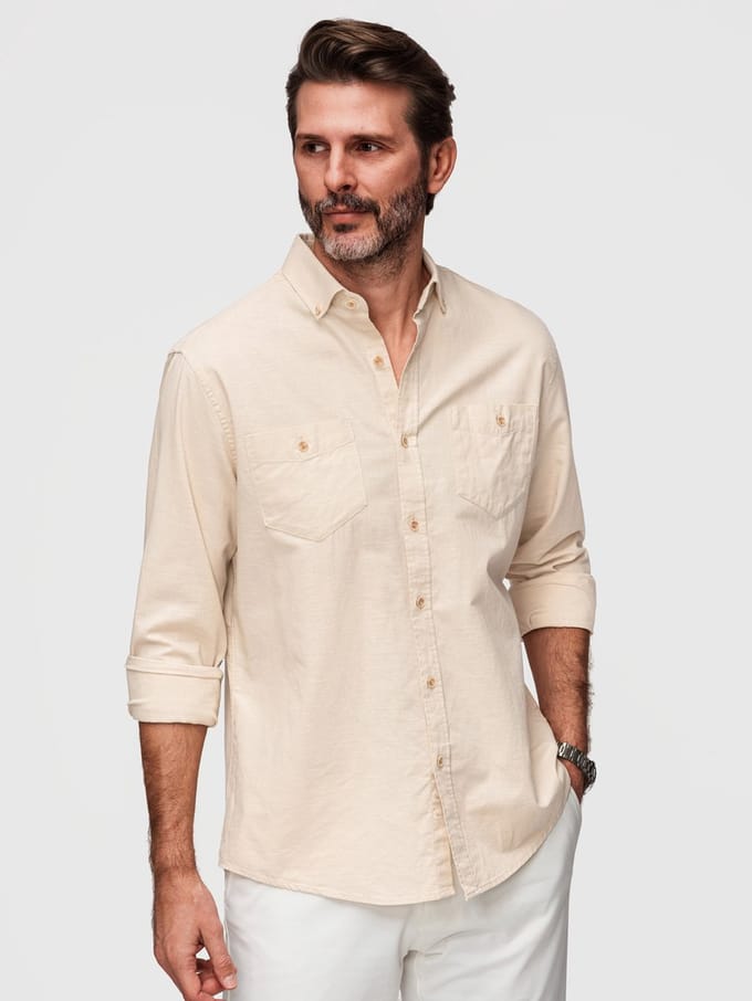 OMBRE Overhemd - Slim Fit - Linnen - Lange Mouw Crème S