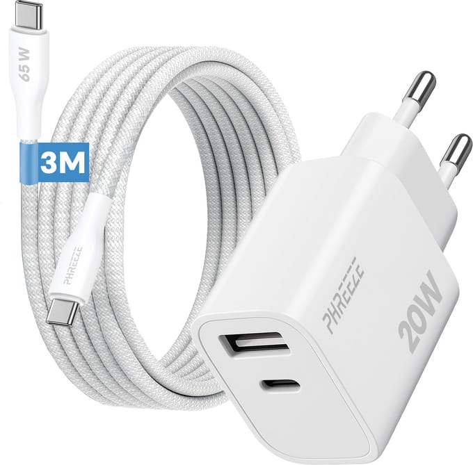 Phreeze usb c adapter 20w met usb c naar usb c kabel 3 meter - Snellader met 2 usb poorten - Wit