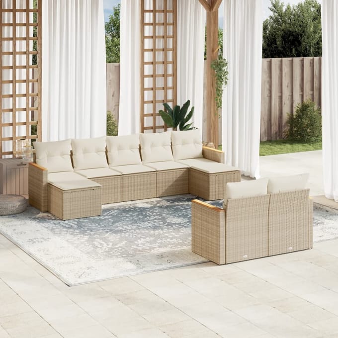 vidaXL - 9-delige - Loungeset - met - kussens - poly - rattan - beige