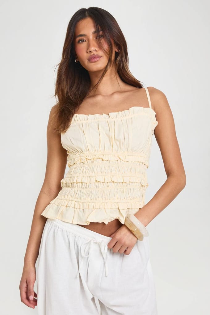 boohoo Dames Poplin Gerimpeld Cami Topje | Citroen | Maat: 34