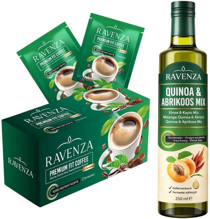 Ravenza Fit Coffee 30 Sachets & Quinoa Abrikoos Azijn 250 ml Set